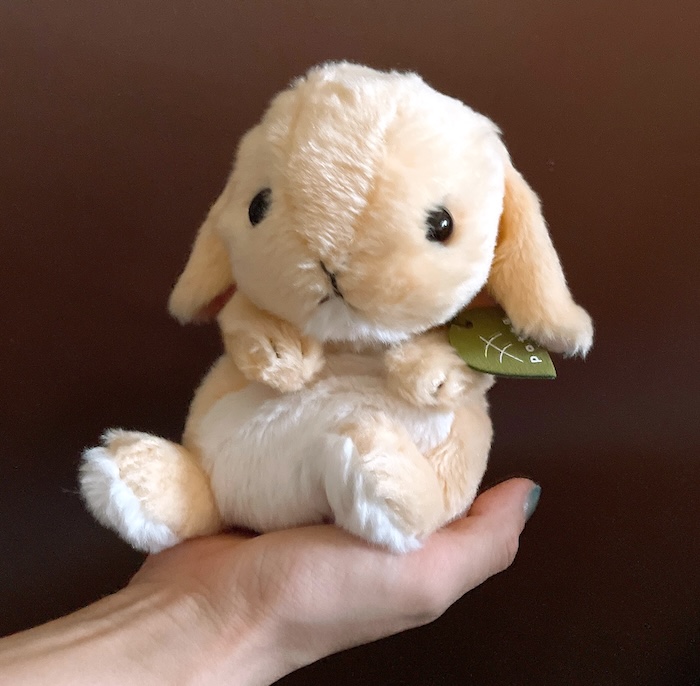手のひらに乗ったpotte ロップイヤーのぬいぐるみ　